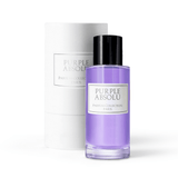 Kvepalai Purple Absolu – violetinis stiklinis buteliukas su juodu dangteliu ir baltu etikete, šalia balta dėžutė